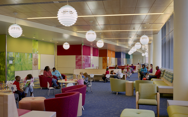 Patients and families waiting in outpatient appointment area