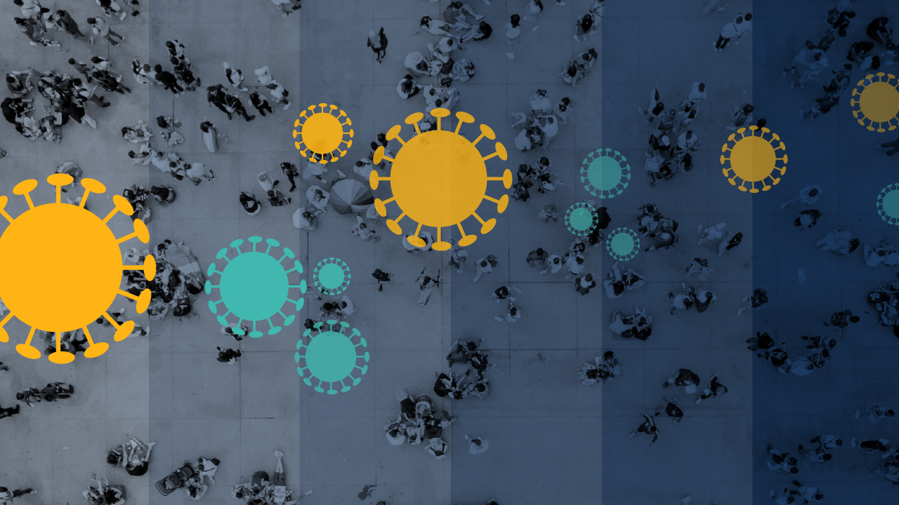 Graphic depicting the measles virus spreading over two hours