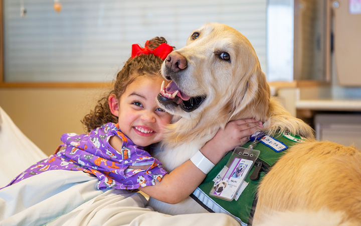 A child hugs a therapy dog