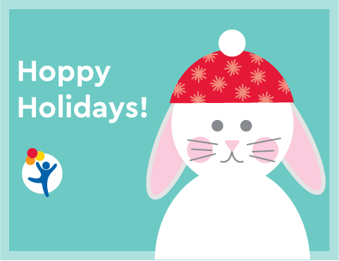 A bunny wearing a winter hat says "Hoppy Holidays!"